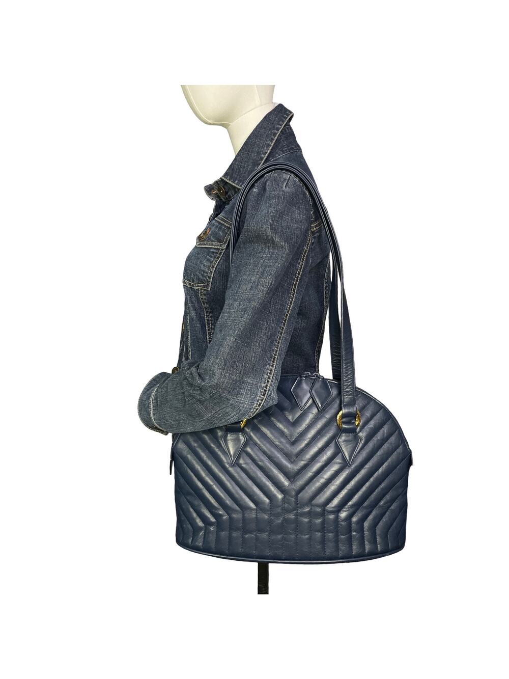 Saint Laurent YSL Navy Blue Chevron Quilted Leather Shoulder Bag Gold Hardware